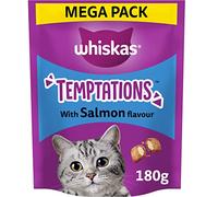 WHISKAS Temptations - Tasty, Crunchy Treats for Adult Cats, Small Bite Size Snacks with a Delicious Salmon Flavour Filling, 4x180 g Packets - Pack May Vary