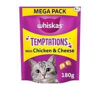 WHISKAS Temptations Tasty Crunchy Treats for Adult Cats Small Bite Size Snacks with Delicious Chicken & Cheese Filling 4 x 180g Packets Pack May Vary