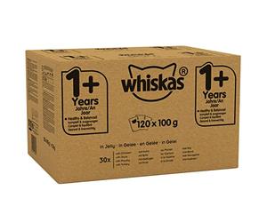Whiskas Wet Pouches, Delicious and Tasty Poultry Selection in Jelly, Suitable for Adult Cats Aged 1+, MegaPack (120 x 100 g)