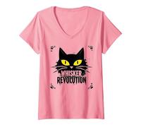 Whisker Revolution: Feline Uprising Art V-Neck T-Shirt, Women, Pink, S