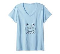 Whiskers Make Me Smile - Cute Cat Print for Pet Lovers V-Neck T-Shirt, Women, Baby Blue, L