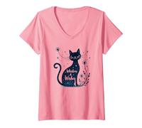Whiskers & Wishes: Magical Cat Dandelion Art V-Neck T-Shirt, Women, Pink, L