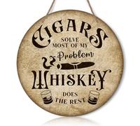Whiskey and Cigar Bar Wood Sign, Funny Phrase Hanging Plaque Art Wall Decor, Rustic Signs Decor for Home Office Cafe Pub Club Man Cave Garage Round Vintage Decorations 12'' (Bronze)