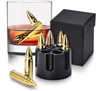 Whiskey Chilling Stones Gifts for Men Him, 6PCS Reusable Stainless Steel Whisky Stones Bullets with Base, Mens Birthday Gifts for Dad for Husband Boyfriend, Gold