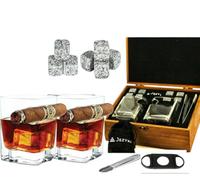 Whiskey Cigar glasses - 2 Old Fashioned Glasses, 8 Granite Chilling Rocks with Tongs, Velvet Pouch and Cigar Cutter in elegand box. Best gift set for men, dad, husband, boss, birthday, holiday.