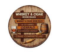 Whiskey & Cigar Room Rules Retro Round Metal Tin Sign Plaque