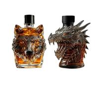 Whiskey Decanter, 10oz / 300ml, Gulong Head Wolf Heads Whiskey Decanter Ornaments, Premium High Borosilicate Glass Statues(2pcs)