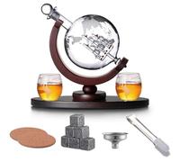 Whiskey Decanter and Glass Set Whiskey Dispenser Whiskey Carafe Globe Decanter with Long Elliptical Base 2 Glasses 6 Ice Cubes Coaster Airtight Stopper, Glass Gift Sets for Wine Whiskey Scotch Vodka