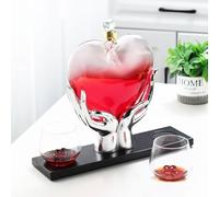 Whiskey Decanter Bottle - Art Statue, 34 Oz/1000ML Heart-Shaped Whiskey Decanter Set Ornaments, with Silver Hand Stand + 2 * 12oz/350ML Glasses, Creative Glass Wine Bottle Sculptures