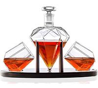 Whiskey Decanter Diamond Shaped with 2 Diamond Glasses & Mahogany Wooden Holder - Elegant Handcrafted Crafted Glass Decanter for Liquor, Scotch, Rum, Bourbon, Vodka, Tequila - Great Gift Idea - 750ml