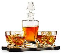 Whiskey Decanter & Glasses Crystal Set, Italian Crafted 5 Piece European Style Wine & Whiskey 855ml, With Wood Sophisticated Tray Set - Spirits, Scotch, & Bourbon Whiskey Glassware
