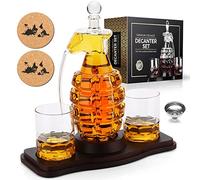 Whiskey Decanter Set - Bomb Shaped Whiskey Decanter and 2 Whiskey Glasses with Wooden Holder - Scotch Bourbon Liquor Drinking Gift for Men Dad Husband Boyfriend Anniversary Birthday Transparent