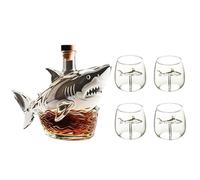 Whiskey Decanter - Whiskey Bottle, Handblown Glass Shark Whiskey Bottle Sculpture, Novelty Leakproof Wine Bottles, 300MLWhiskeys Decanter Statue, Home Bar Decor Unique Gift(Shark+4 Cups)
