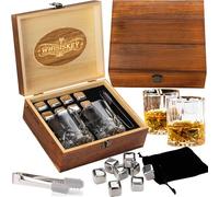 Whiskey Glass Gift Set, Whiskey Stones, 8 Reusable Whiskey Chilling Stones in Handmade Wooden Box, 2 Glasses, Whiskey Glasses Set of 2, Gifts for Men, Dad, Husband, Whiskey Lovers, Birthday (Round)
