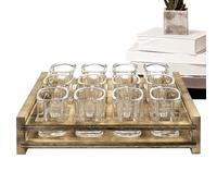 Whiskey Glass Portion Tray - Burnt Wood Slotted Whiskies Eyeglass Display | Rustic Bar Counter Organizer, Holiday Drink Holder for Party, Wedding, Meets