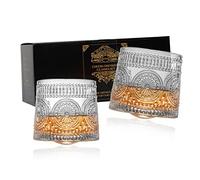 Whiskey Glasses set of 2, 9 Oz Crystal Rotating Whisky Tumblers, gift box for Bourbon & Scoth & Vodka, whiskey drinks etc