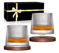 Whiskey Glasses Set of 2, Rotatable Tumbler Crystal Glass Cups, Drinking Glasses with 2Pcs Creative Walnut Coasters and Gift Box - for Scotch,Bourbon,Cocktails