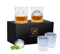 Whiskey Rocks Glass Set In Gift Box - Includes 2 Crystal Bourbon Glasses and 2 Big Ice Ball Molds - 10 Oz Old Fashioned Glasses for Scotch, Cocktails, Rum, Cognac, Vodka - Unique Gift for Men