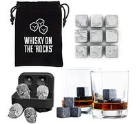 Whiskey Stones GENERISE Whisky Stones Gift Set of 9 Natural Granite Whisky Rocks in Velvet Gift Pouch PLUS Skull Ice Cube Tray (Dark Grey Stones)
