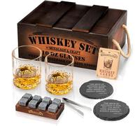 Whiskey Stones Gift Set for Men | Whiskey Glass and Stones Set with Rustic Dark Wood Crate, 8 Granite Whiskey Rock Chilling Stones, 10oz Whiskey Glasses | Whiskey Gift For Men, Dad, Husband, Boyfriend