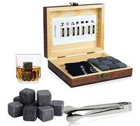 Whiskey Stones Gift Set,WOVTE 9 pcs Natural Soapstone and Granite Chilling Rocks with Stylish Box,Ice Tongs and Free Velvet Pouch (black, Granite)