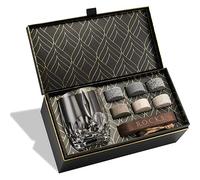 Whiskey Stones & World’s First Eco-Crystal Glass Gift Set - 6 Handcrafted Granite Round Sipping Rocks - European Crafted Iconic Whisky Tumbler (346ml) - Hardwood Presentation Tray - Gold Foil Box