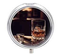 Whisky and Cigar Pill Box 3 Compartment Waterproof Pill Container with Mirror Metal Medicine Box Organizer Portable Vitamin Case for Pocket & Purse Travel - Round