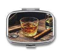 Whisky and Cigar Pill Case Travel Portable Pocket Pill Box 2 Compartment Medicine Case Large Capacity Daily Pill Cases Vitamin Organizer Medicine Organizer Small Pill Box