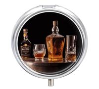 Whisky Beer Pictures Round Pill Boxes with 3 Compartments, Portable Travel Pill Organizer Box, Mini Metal Pill Holder and Vitamin Containers for Fish Oil
