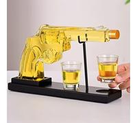 Whisky Decanter Set for Men - Unique Pistol-Shaped Whisky Bottle 330ml with Wooden Base & Glass - Cool Military Gift for Husband - Home Bar Accessories, Whiskey Decanter Gift Set