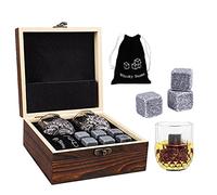 Whisky Stones and Glass Gift, KissDate 6PCS Natural Granite Whiskey Chilling Stones and Stylish Wooden Box, Reusable Bourbon Cognac Scotch Wine Gin Ice Cube for Father Boyfriend Birthday Anniversary