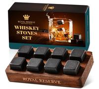 Whisky Stones Gift Set in Brown Wood Tray - 8 x Reusable Chilling Bourbon Ice Cubes - Whisky Gift for Men, Husband, Friend, Dad, Him by Royal Reserve