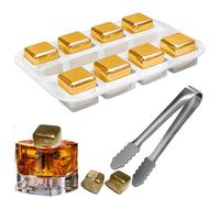 Whisky Stones Stainless Steel Set, 8-Piece Stainless Steel Ice Cube Set, Stainless Steel Reusable Whisky Stones Set, with Silica Gel Ice Clip, Wine Cooling Stones, for Cocktail, Gold