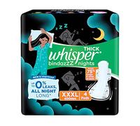 Whisper Bindazzz Night Sanitary Pads|4 thick Pads|XXXL|upto 0% Leaks|Suitable for Heavy Flow|75% Longer & Wider back|Comfortable Cushiony soft wings|40 cm Long|With disposable wrap