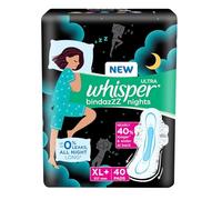 Whisper Bindazzz Nights Sanitary Pads, 40 Xl+ Pads, Upto 0% Leaks All Night Long, For Heavy Flow, 40% Longer & Wider Back, Comfortable Cushiony Soft Wings, Disposable Wrapper