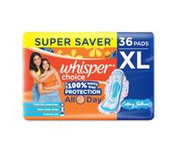 Whisper Choice Sanitary Pads, 36 XL Pads, Upto 100% Stain Protection All Day, Longer Length for Better Coverage, 20% Wider Back, Dry Top Sheet, with Wings