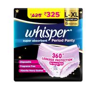 Whisper Super Absorbent Period Panty, 6 L-XL Pants, 360 Degree Leakage Protection for Heavy Flow, Panty like Fit for Full back Coverage, Absorbs Heavy Gushes, Silky Soft, Comfortable Feel-Women