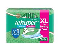 Whisper Ultra Hygiene+Comfort Sanitary Pads, 30 XL Pads, XL for Heavy Flow, Ultimate Protection & Comfort, Locks Odour & wetness, Cotton like soft top layer, Disposable Wrapper