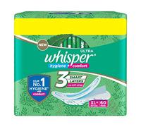 WHISPER ULTRA HYGIENE+COMFORT SANITARY PADS, 60 XL+ PADS, FOR HEAVY FLOW, LONG LASTING PROTECTION, LOCKS ODOUR & WETNESS, DRY TOP SHEET, DISPOSABLE WRAPPER