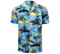 Whispering Jones London Mens Hawaiian Floral Shirt Rockabilly Surf Party Beach Holiday Print Stag Dance, Sky Blue Sea, 3XL