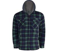 Whispering Jones London Mens Lumberjack Check Collar Padded Shirt Thick Fur Lined Hood Winter Work Shirt, Green/Navy, Colour4-110, M