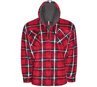 Whispering Jones London Mens Lumberjack Check Collar Padded Shirt Thick Fur Lined Hood Winter Work Shirt, Red/Black, Colour1-110, L