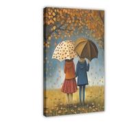 Whispers in The Rain, Autumn Companions with Umbrellas Canvas Poster Wall Art Decor Print Picture Paintings for Living Room Bedroom Decoration 20x30inch(50x75cm)