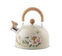 Whistling Tea Kettle, 2.7 Quart Food Grade Stainless Steel Teapot for Stove Top, Cute Flower Tea Kettle with Wood Pattern Handle for Home Kitchen, Suitable for All Heat Sources (Beige)