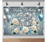 Whitberg's 18th Birthday Backdrop: Sparkling Crystal Numbers, White Roses, and Blue Balloons - Photo Background 350x240CM