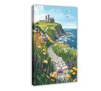 Whitby Abbey with Cobblestone Path And North Sea View Canvas Poster Bedroom Decor Landscape Decor Gift 12x18inch(30x45cm)