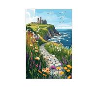 Whitby Abbey with Cobblestone Path And North Sea View Canvas Poster Wall Art Print Picture Paintings 08x12inch(20x30cm)