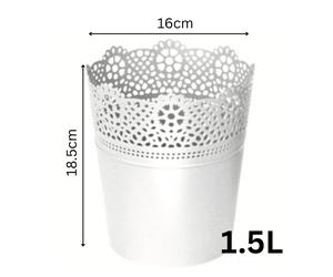 (White, 1.5L (D16cm H18.5cm)) Lace Flowerpot Planter Plastic Round Oval Pot Indoor Outdoor Modern Decor Home