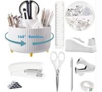 White 10-Piece Office Set - 360-Degree Pen Holder, Staples, and Tape for Work & Study Spaces.