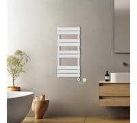 (White, 1000x450mm) Pre-filled Electric Heated Towel Rail Radiator Flat Panel Thermostatic